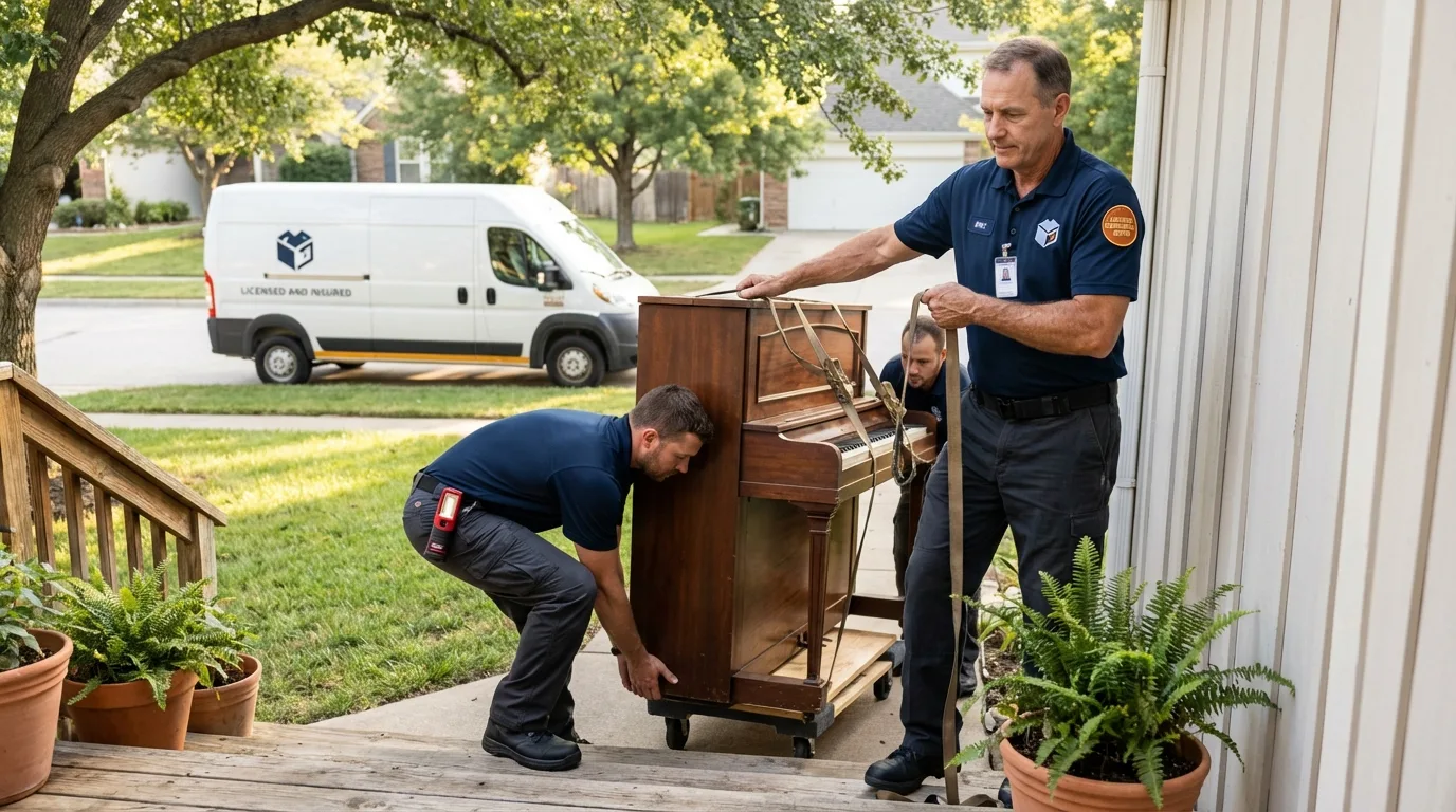Licensed piano movers securing grand piano in Bellevue, OH