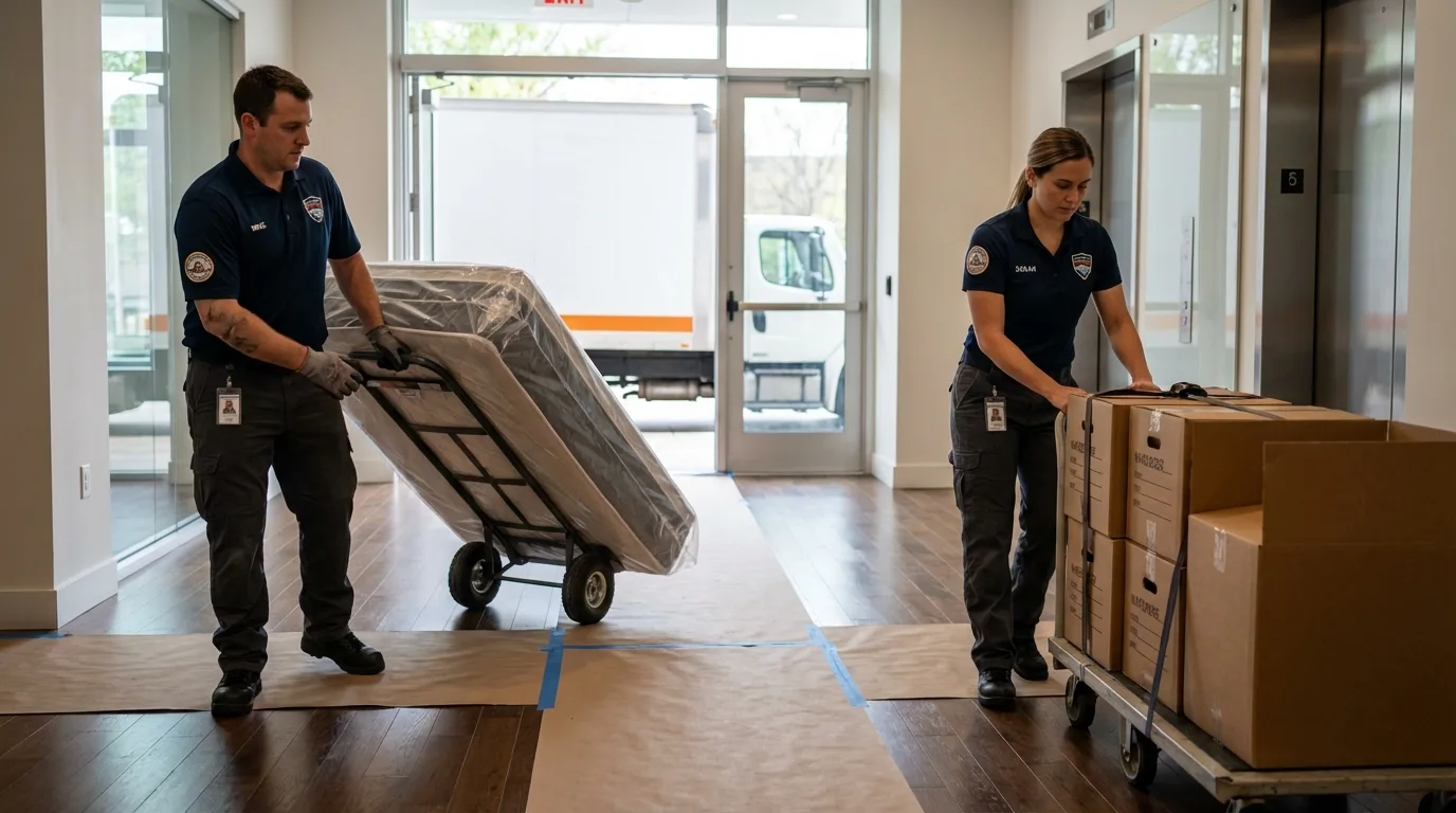 Professional apartment movers loading elevator in Bellevue, OH