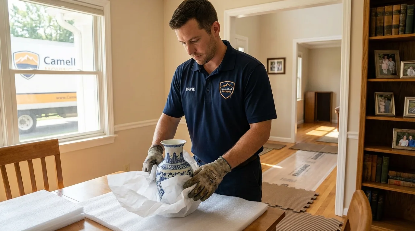 Professional crew carefully wrapping antique vase for senior downsizing move in Bellevue, OH